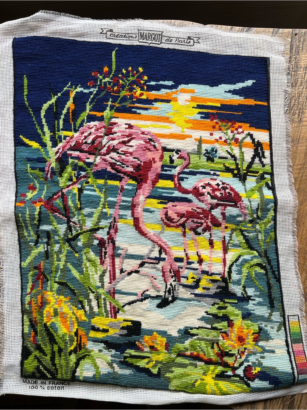 Vintage Needlepoint Flamingo Tapestry Pillow Panel - Pink Flamingos